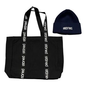 Stoned cannabis brand canvas tote bag and knit beanie